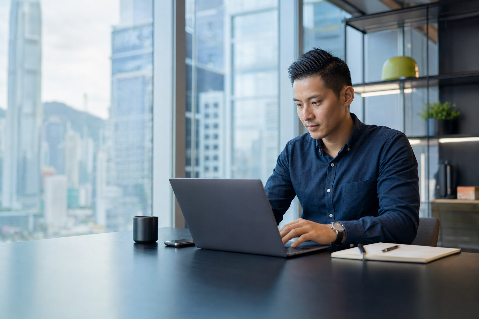 Independent publisher working in a Hong Kong office